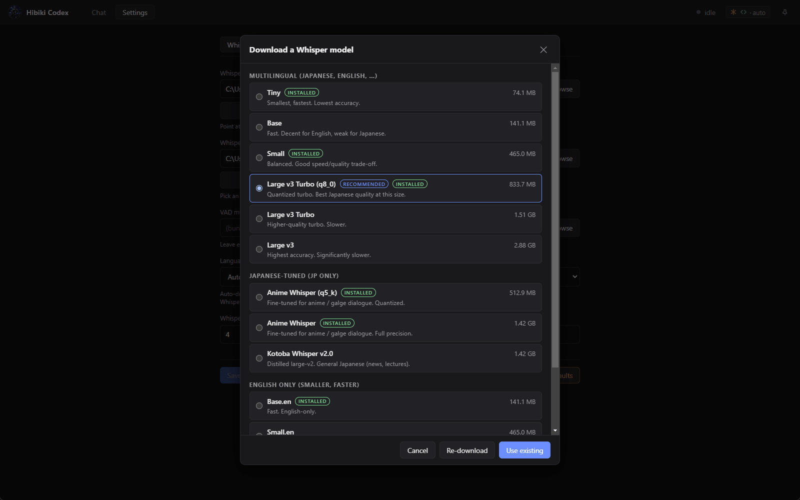 Whisper model Download… modal showing the curated catalog of GGML models with sizes and recommended badges.