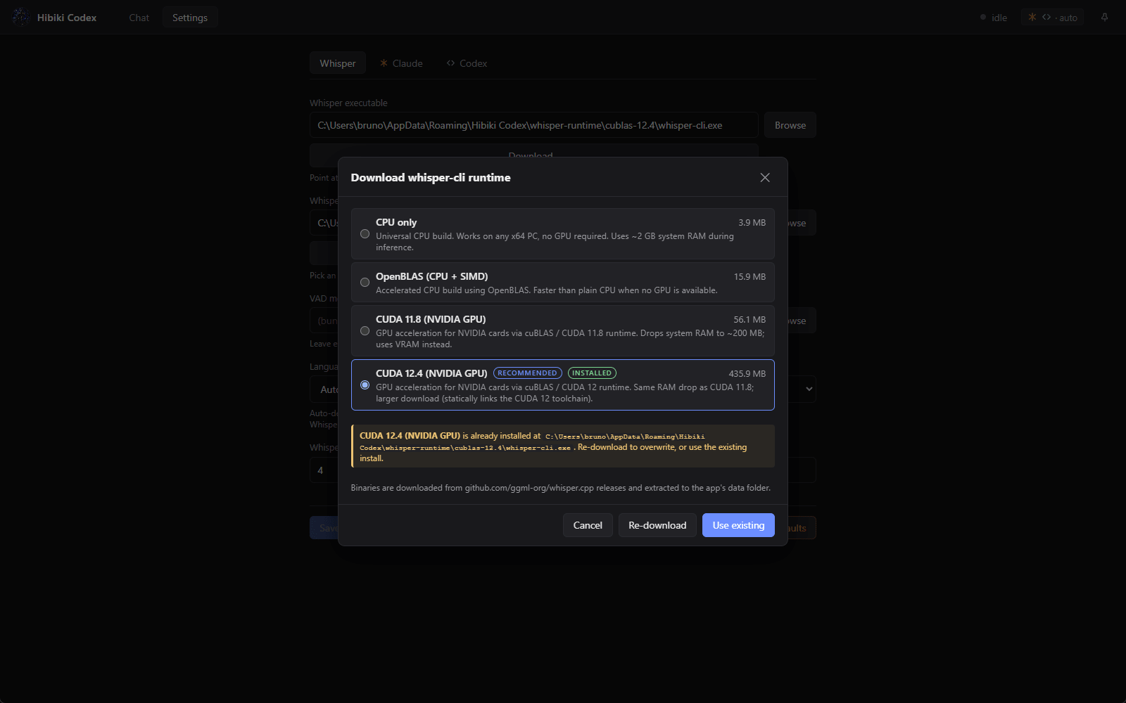 Settings → Whisper → Whisper executable → Download… opens a chooser with four whisper-cli variants.