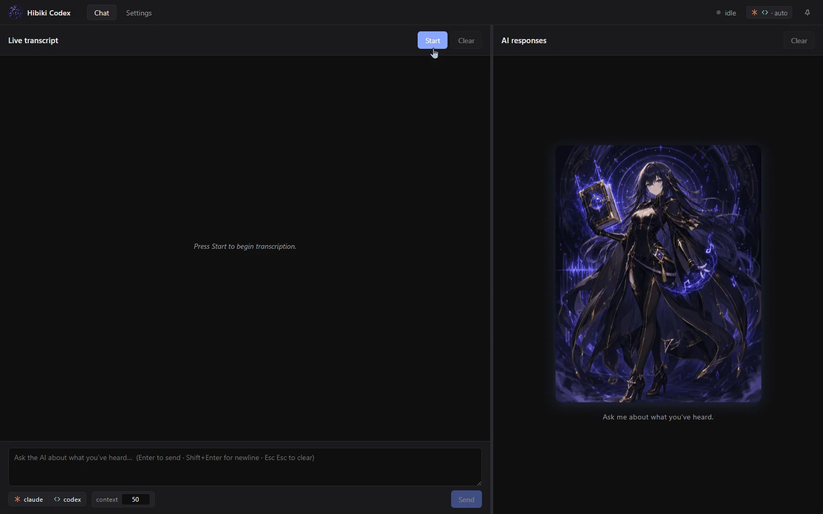 Chat view with the Start button highlighted, a transcript line appearing, and an AI response panel on the right.